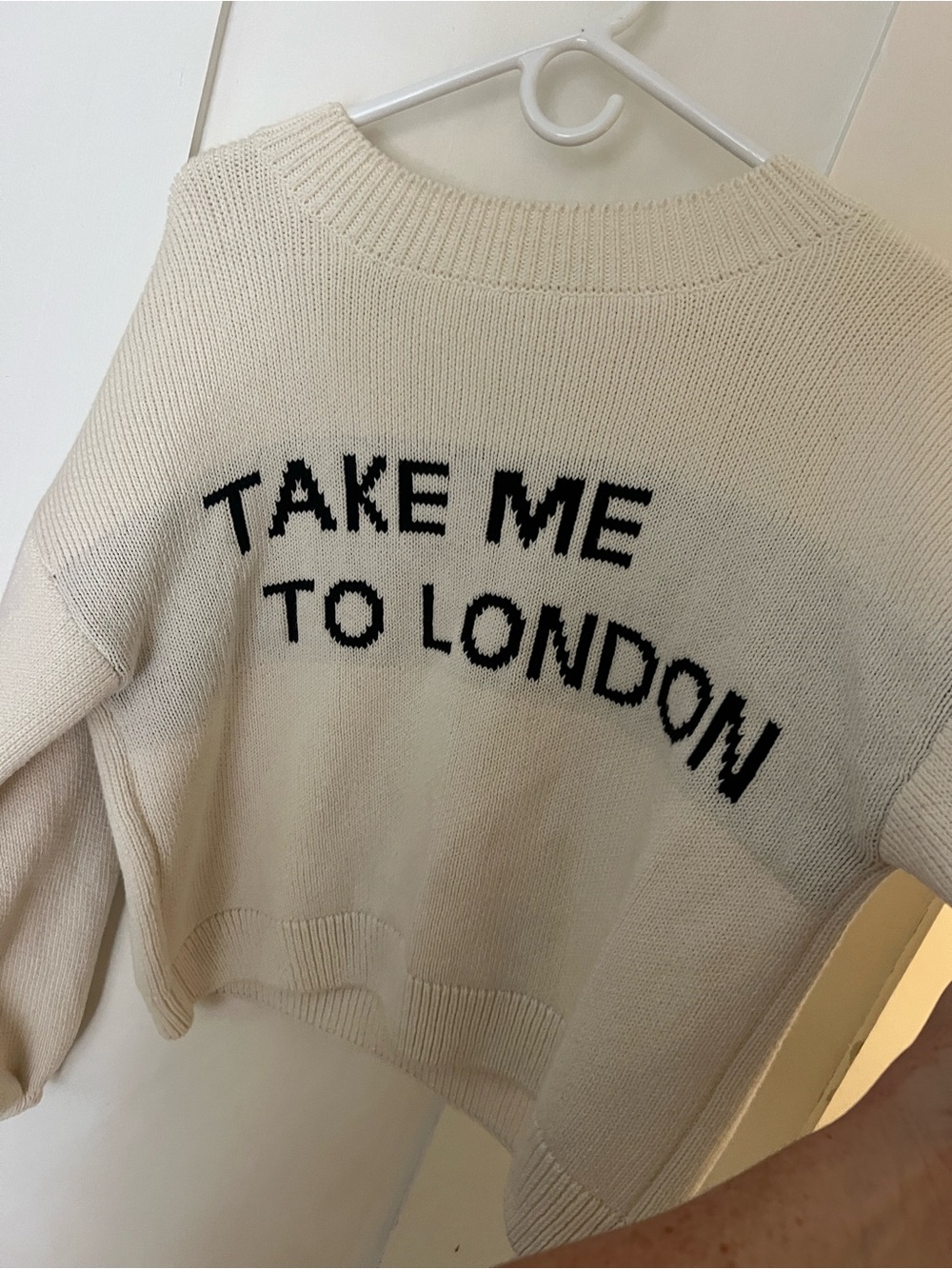 Maeve Cream Crewneck Sweater with Black 'TAKE ME TO LONDON' Text